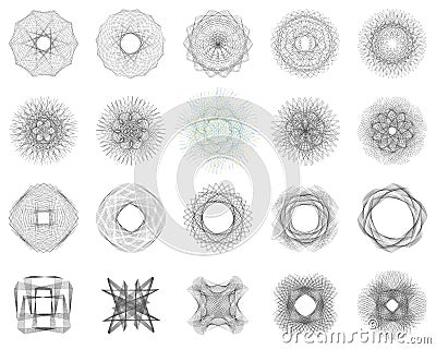 Set of asymmetric Guilloche Rosette stamp element design vector templates. Stock Photo