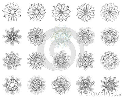 Set of asymmetric Guilloche Rosette stamp element design vector templates. Stock Photo