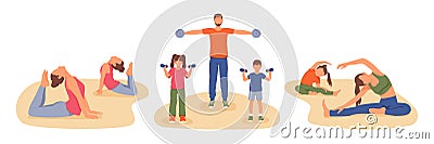 Set of athletic cartoon characters of parents and their kids doing sports together Vector Illustration