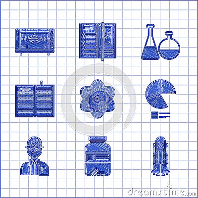Set Atom, Medicine bottle and pills, Space shuttle rockets, Pie chart infographic, Scientist, Open science book, Test Stock Photo