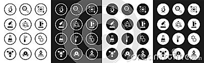Set Atom, Microscope, Test tube flask on stand, Microorganisms under magnifier, Molecule and icon. Vector Stock Photo