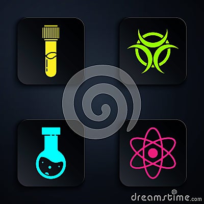 Set Atom, Test tube and flask chemical, Test tube and flask chemical and Biohazard symbol. Black square button. Vector Vector Illustration