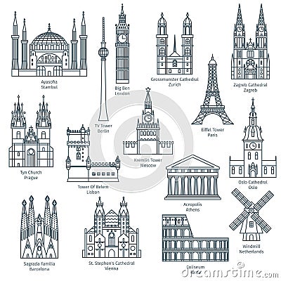 Set of attractions of europe Cartoon Illustration