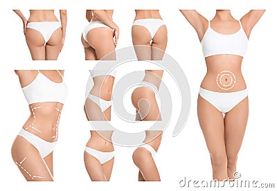 Set of attractive young woman with slim body in underwear on white background Stock Photo