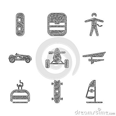 Set ATV motorcycle, Longboard skateboard, Windsurfing, Hang glider, Ski lift, Vintage sport racing car, Bungee jumping Vector Illustration