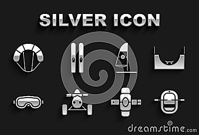 Set ATV motorcycle, Skate park, Rafting boat, Knee pads, Ski goggles, Windsurfing, Parachute and and sticks icon. Vector Vector Illustration