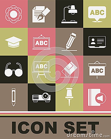 Set Audio book, Chalkboard, Online class, Table lamp, Graduation cap, Atom and Pencil with eraser icon. Vector Vector Illustration