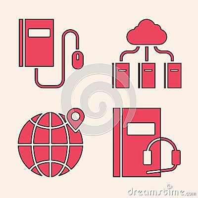 Set Audio book, Electronic book with mouse, Cloud or online library and Location on the globe icon. Vector Stock Photo