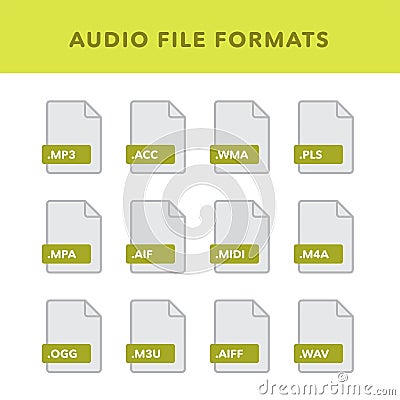 Set of audio File Formats and Labels in flat icons style. Vector illustration Vector Illustration