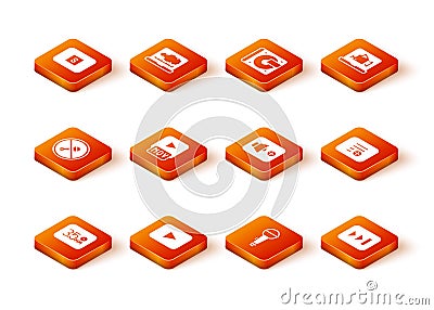 Set Audio jack, Play button, Mute microphone, MOV file, Microphone, Speaker volume, Fast forward and Add playlist icon Vector Illustration