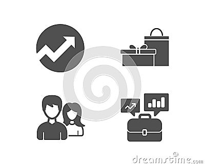 Audit, Couple and Gifts icons. Business portfolio sign. Arrow graph, Male and female, Birthday boxes. Vector Illustration