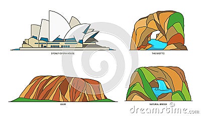 Set of Australia travel landmarks, national parks Vector Illustration