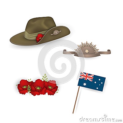 Set of australian flag, Anzac australian army slouch hat with red poppy, Decorative anzac poppies flowers isolated Vector Illustration