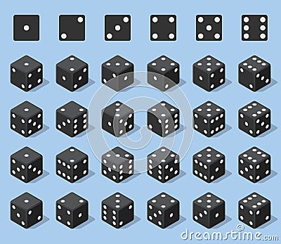 Set 24 authentic icons of dice in all possible turns. Twenty four variants loss dice. Black game cubes isolated on blue Vector Illustration