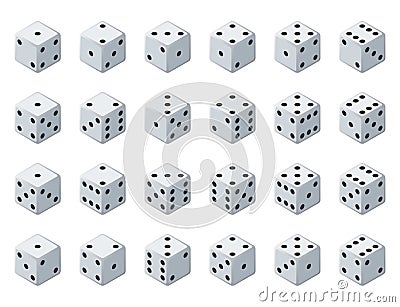 Set 24 authentic icons of dice in all possible turns. Twenty four variants loss dice. White game cubes isolated on white Vector Illustration