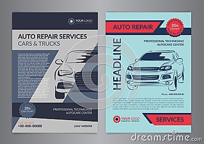 Set auto repair business layout templates, automobile magazine cover, auto repair shop brochure, mockup flyer. Vector Illustration