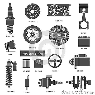 Set of auto spare parts. Car repair icons in flat Vector Illustration