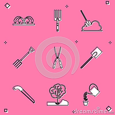 Set Automatic irrigation sprinklers, Garden fork, Shovel the ground, pitchfork, Gardening handmade scissor, shovel, saw Vector Illustration