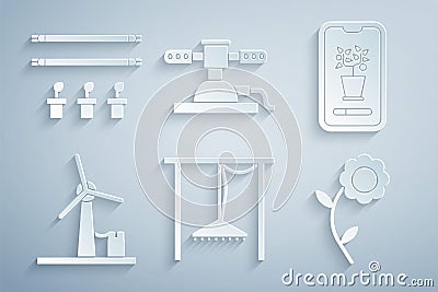 Set Automatic irrigation sprinklers, Smart control farming system, Wind turbine, Flower, and with bulb and plant icon Vector Illustration