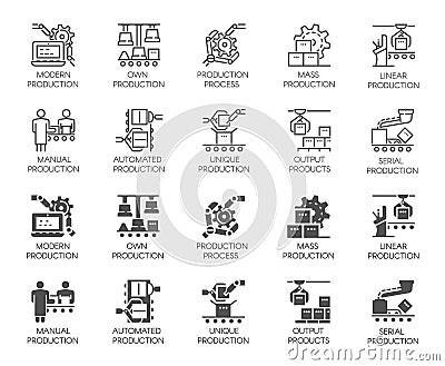 Automatic and manual production buttons. Set of icons in line and glyph designs. Outline and black flat labels Vector Illustration