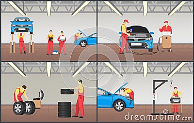 Set of Automobile Workshop Vector Illustrations Vector Illustration