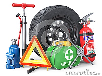 A set of automotive accessories. Spare wheel, fire extinguisher, first aid kit, emergency warning triangle, jack, tow rope, wheel Stock Photo