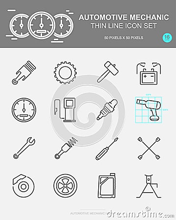 Set of AUTOMOTIVE MECHANIC Vector Line Icons. Includes wheel, oil, gear, battery and more Vector Illustration