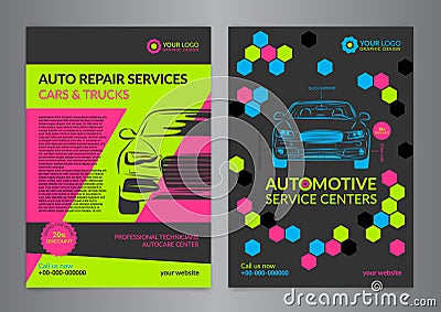 Set Automotive Service Centers business layout templates. A4 auto repair shop Brochure templates. Vector Illustration