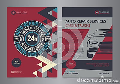 Set Automotive Service Centers business layout templates. A4 auto repair shop Brochure templates. Vector Illustration