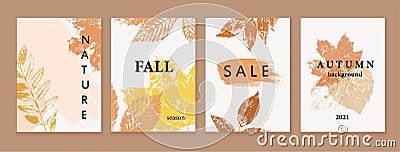 Set of autumn backgrounds, cards, shop banners. Grunge texture colorful leaves. Natural eco design. Vector Illustration