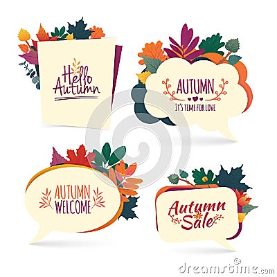 Set autumn bubbles. Design banner with autumn sale and hello logo. Discount card for fall season with herb. Promotion Vector Illustration