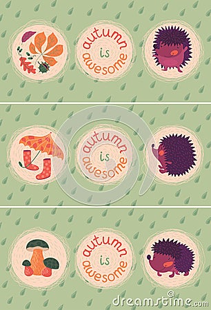 Set Of Autumn Cards With Hedgehogs Vector Illustration