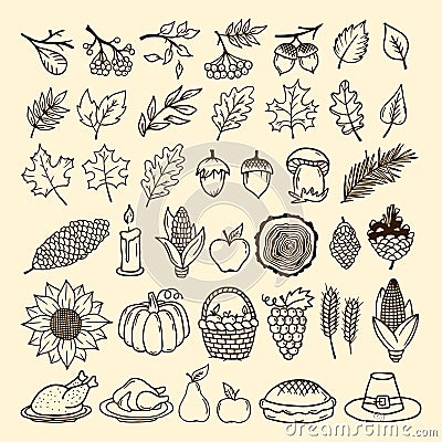 A set of autumn elements of nature handmade. Elements of the design for Thanksgiving and the Feast of Autumn. Vector Illustration