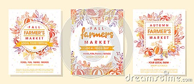 Set of autumn fermers market banners with leaves and floral elements Vector Illustration