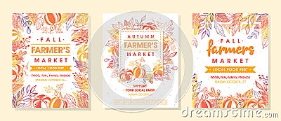 Set of autumn fermers market banners with leaves and floral elements Cartoon Illustration