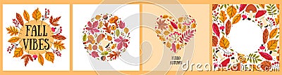 A set of autumn frames and compositions of leaves, mushrooms and berries. Vector graphics Vector Illustration