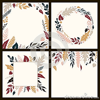 Set of autumn frames from hand-painted leaves Vector Illustration