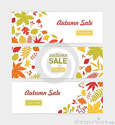 Set of autumn horizontal web banner templates with fallen tree leaves and sprigs with berries on white background. Flat Vector Illustration