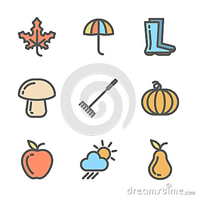Set of autumn icons. Collection of linear colored symbols with fall objects Vector Illustration