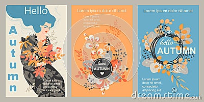 Set of autumn illustrations with cute girl with bouquets of leaves and floral elements Vector Illustration