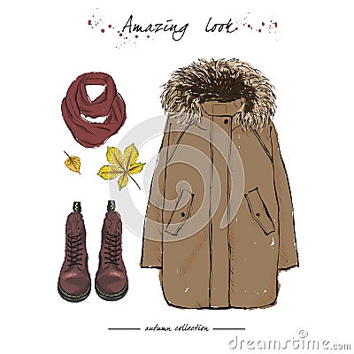 A set of autumn outfit with accessories: brown parka jacket, claret boots on laces, a warm scarf and autumn leaves. Hand drawn Cartoon Illustration