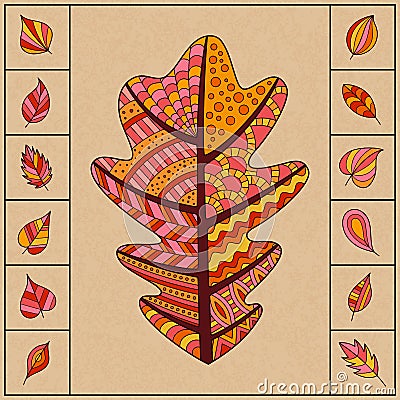 Set of Autumn Patterned Oak Leaf and Small Simple Leaves. Vector Illustration