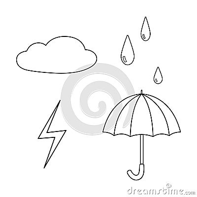 A set of autumn and rainy weather - umbrella, cloud, lightning and raindrops. Vector illustration of rain icons isolated Vector Illustration