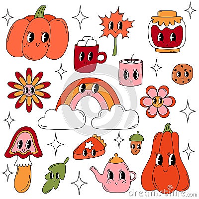 Set autumn retro groovy elements 70s-80s style. Pumpkins, flowers, mushroom, rainbow, pumpkin pie, cocoa mug, cookies Vector Illustration