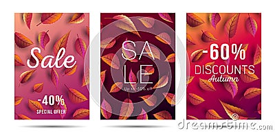 Set of Autumn Sale Posters with falling leaves texture backdrop, shopping sale or promo posters or leaflet templates Vector Illustration