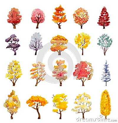 Set of autumn trees. hand drawn watercolor illustration Vector Illustration