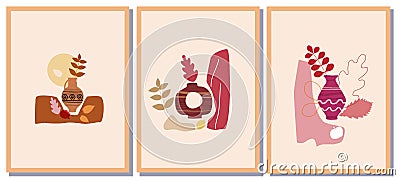 Set Autumn trendy card collage. Minimal shapes vase colour pastel flora. Template fall poster, banner vector Vector Illustration
