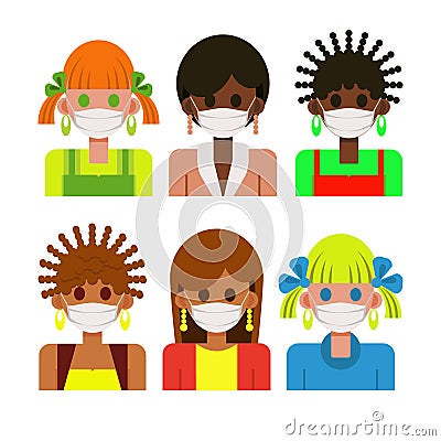 Set of avatar with female in white medical mask Vector Illustration