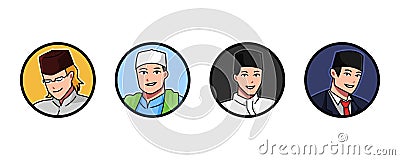 set avatar of a Muslim male characters wearing a Muslim cap, kopiah, songkok. round, circle icon vector illustration. Vector Illustration