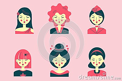 Set of avatars with asian girls profession suit career. Pink cute set with girl black hair Cartoon Illustration